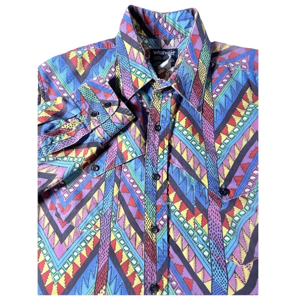 Wrangler Brushpopper Shirt Mens 16.5 Aztec Cowboy Cut X-Long Tails VTG 90s *